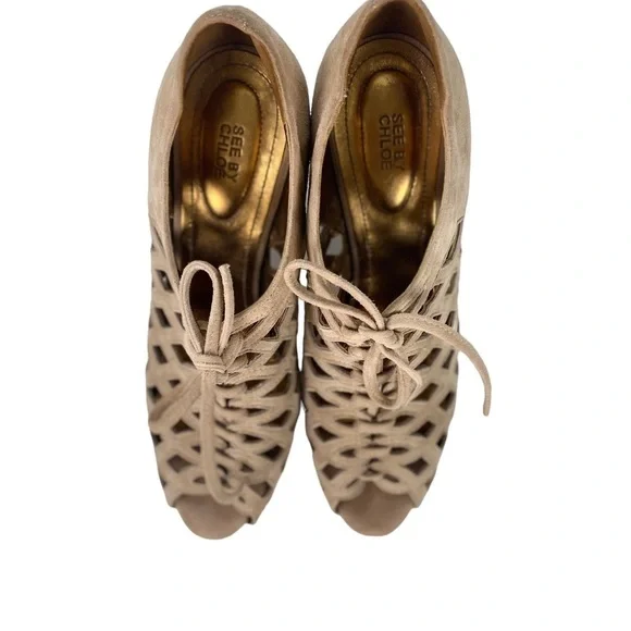 SEE by CHLOE caged lattice lace up open toe platform suede block heels - Picture 6 of 9